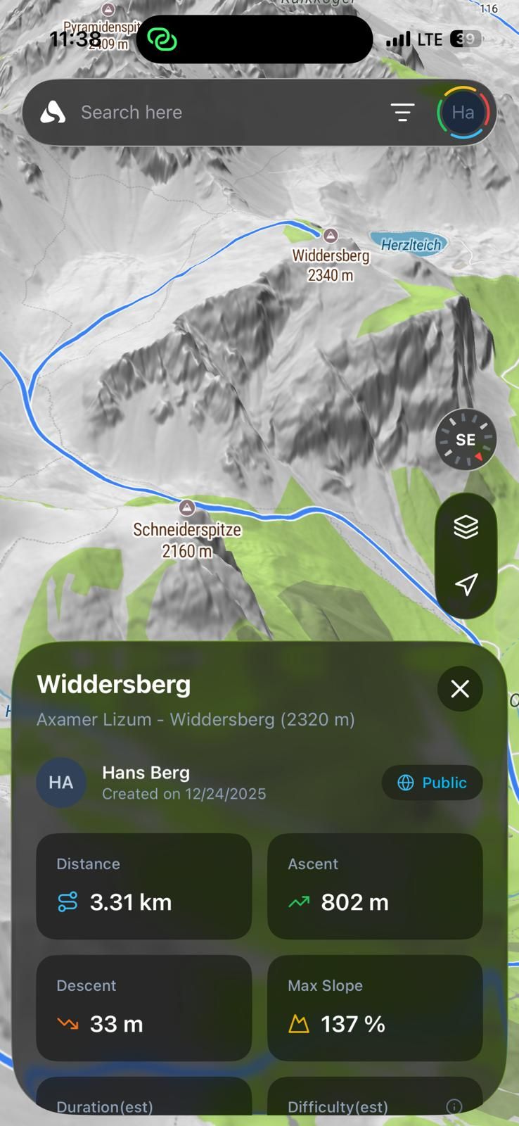 innmaps mobile app showing avalanche bulletin and slope angle data
