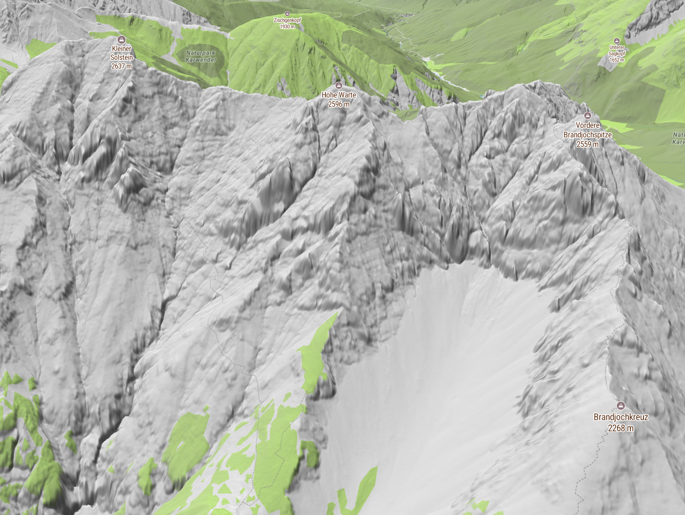 Terrain map with slope angle shading showing alpine topography